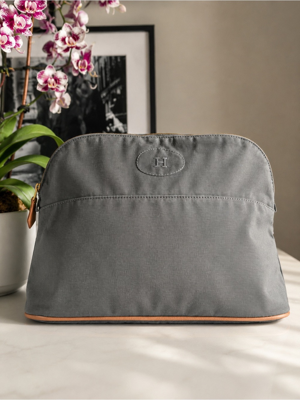Authentic Hermès Bolide GM Gray Canvas Travel Clutch Pouch Made in France